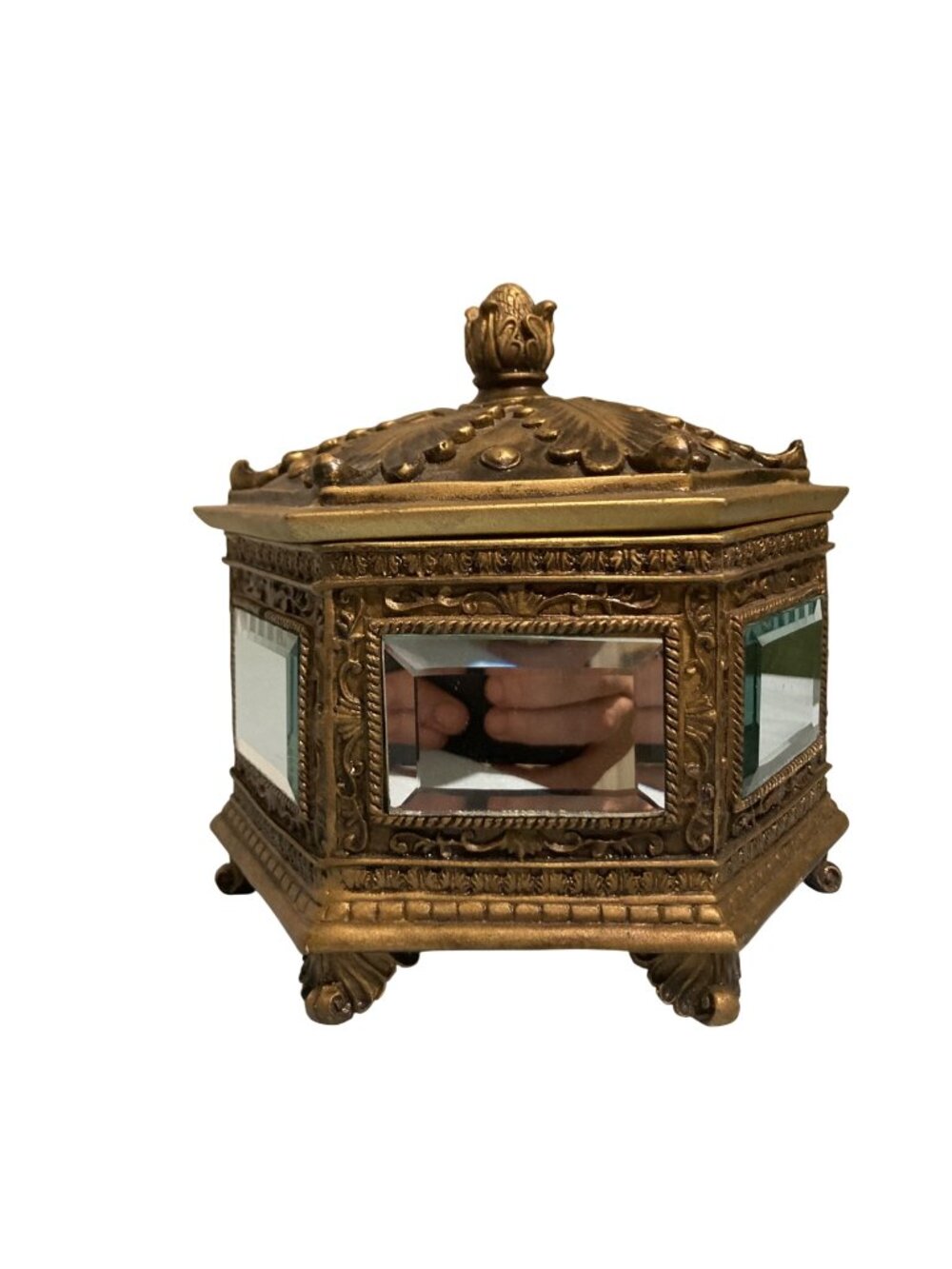 Vintage Ornate Gold Tone Mirrored Jewelry Trinket Keepsake Box With Lid